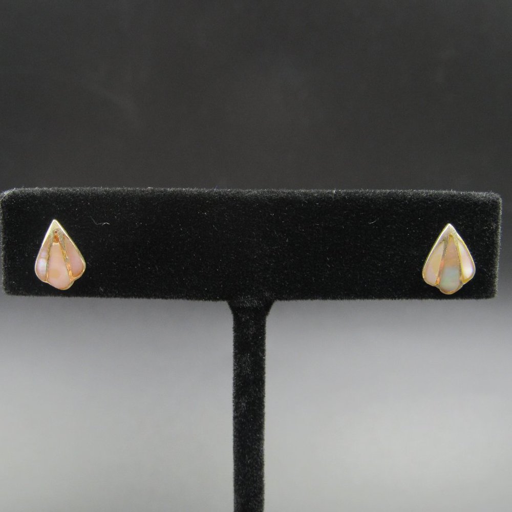 Sterling Silver Worn Rustic Shell Inlay Stud Earr… - image 2